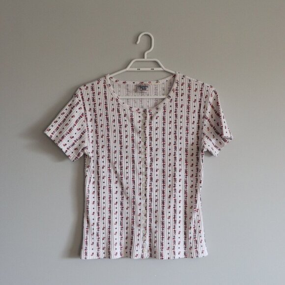 Huntington Ridge Women's Sz S/M Floral Button Down Crew Short Sleeve T-Shirt Top - Picture 1 of 9